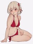  1girl :p arm_support bare_legs bare_shoulders bikini blonde_hair blush breasts cleavage collarbone hair_ribbon highres large_breasts lycoris_recoil navel nishikigi_chisato red_bikini red_eyes ribbon short_hair side-tie_bikini_bottom simple_background sitting smile sooon stomach swimsuit tongue tongue_out white_background 
