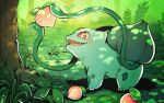  berry_(pokemon) bright_pupils bulbasaur claws commentary_request day fang from_side grass holding keijou_(cave) no_humans open_mouth outdoors plant pokemon pokemon_(creature) solo tongue tree vines white_pupils 