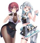  2girls black_bra black_gloves black_skirt blue_hair blush bodystocking bra breasts cleavage collared_shirt dress earrings fingerless_gloves gawr_gura gloves gold_earrings grey_hair heart heart_earrings heart_necklace high-waist_skirt highres hololive hololive_english hololive_idol_uniform_(bright) houshou_marine houshou_marine_(6th_costume) id_card jewelry large_breasts looking_at_viewer medium_hair multicolored_hair multiple_girls necklace official_alternate_costume open_mouth partially_unbuttoned red_eyes red_hair shirt short_hair skirt sleeveless sleeveless_shirt small_breasts streaked_hair thigh_strap two_side_up unbuttoned unbuttoned_shirt underwear virtual_youtuber white_dress white_skirt white_wrist_cuffs ya_ta yellow_eyes 