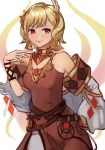  1girl blonde_hair breasts brown_dress choker citrinne_(fire_emblem) cleavage dress earrings feather_hair_ornament feathers fire_emblem fire_emblem_engage hair_ornament highres hoop_earrings jewelry looking_to_the_side mismatched_earrings necklace off-shoulder_jacket off_shoulder r123 red_eyes short_hair small_breasts smile solo triangle_earrings 
