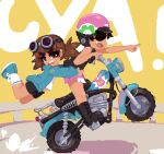  2girls bike_shorts black_hair black_shirt boots bridge brown_eyes brown_hair english_text exposed_pocket eyepatch fang goggles goggles_on_head hanging_on helmet minimilieu motor_vehicle motorcycle multiple_girls navel original pixel_art pointing shirt shoes shorts sleeveless socks star_(symbol) sweatdrop torn_clothes torn_shorts white_shirt 