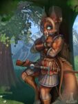  3:4 anthro armor arrow_(weapon) beard belt belt_buckle blue_eyes bow_(weapon) brigandine brown_hair crossed_arms detailed detailed_background detailed_fur digital_media_(artwork) digitigrade eye_scar facial_hair facial_scar fluffy fluffy_tail fur gambeson greying_hair hair hi_res leaning leaning_back long_hair longbow longsword male mammal mature_anthro mature_male melee_weapon mountain mountain_range multicolored_body multicolored_fur muscular muscular_anthro muscular_male mustache notched_ear orange_body orange_fur orange_tail plant ponytail quiver_(arrows) ranged_weapon red_armor rodent scabbard scar sciurid shoulder_scar solo sword tail tree tree_squirrel two_tone_body two_tone_fur ukon_vasara warrior weapon 