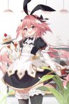  1boy animal_ears apron arm_at_side astolfo_(fate) astolfo_(saber)_(fate) astolfo_(saber)_(third_ascension)_(fate) black_bow black_bowtie black_dress black_gloves black_hairband black_thighhighs blush bow bowtie buttons cake cake_slice commentary double-breasted double-parted_bangs dress fake_animal_ears fate/apocrypha fate/grand_order fate_(series) food frilled_thighhighs frills gloves hair_bow hair_flaps hair_intakes hairband half-closed_eyes half_updo highres holding holding_tray juliet_sleeves long_hair long_sleeves looking_at_viewer low_twintails male_focus multicolored_hair open_mouth otoko_no_ko pink_hair puffy_sleeves purple_eyes rabbit_ears shirt shirt_under_dress short_dress solo streaked_hair thighhighs traditional_bowtie tray twintails undershirt v-shaped_eyebrows very_long_hair white_apron white_hair white_shirt wide_sleeves yuia zettai_ryouiki 