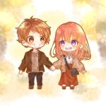  1boy 1girl :d arm_at_side bag black_pants blue_bag blush brown_cardigan brown_eyes brown_footwear brown_hair brown_jacket brown_skirt buttons cardigan casual chibi clenched_hand clover commentary_request couple earrings enomoto_koutarou four-leaf_clover full_body grey_shirt grin hair_between_eyes handbag happy hetero highres holding_hands honeyworks jacket jewelry kokuhaku_jikkou_iinkai lapels long_hair long_skirt long_sleeves looking_at_another looking_to_the_side multicolored_background necklace no_nose open_cardigan open_clothes open_mouth pants paper_texture parted_bangs partial_commentary pendant pink_hair purple_eyes setoguchi_hina shigure_(user_vhpa8874) shirt shoes short_hair skirt sleeves_past_wrists smile standing t-shirt teeth upper_teeth_only white_shirt 