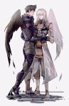  2boys absurdres arm_guards armor black_eyes black_hair black_wings blue_eyes coat feathers full_body highres jin_(xenoblade) male_focus malos_(xenoblade) multiple_boys raininmoradain simple_background single_wing spiked_hair standing white_background white_coat white_hair white_wings wings xenoblade_chronicles_(series) xenoblade_chronicles_2 