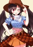  1girl bandana black_hair black_wings blue_shirt blush brown_headwear brown_skirt cowboy_hat cowboy_shot feathered_wings hair_between_eyes hat highres kurokoma_saki long_hair looking_at_viewer one_eye_closed open_mouth pegasus_wings pleated_skirt red_eyes ruu_(tksymkw) shirt short_sleeves skirt smile solo touhou white_bandana wings 