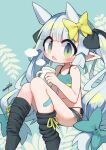  1girl bandaid bandaid_on_leg black_shorts black_socks blue_eyes blue_tank_top blush bow breasts collarbone commentary_request cup fang green_eyes grey_hair hair_bow highres holding holding_cup horns knees_up long_hair looking_at_viewer loose_socks nanatsuta open_mouth original pointy_ears shorts signature sitting skin_fang small_breasts socks solo tank_top twintails two-tone_eyes yellow_bow 