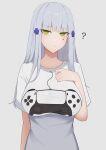  1girl ? absurdres breasts facial_tattoo girls&#039;_frontline green_eyes grey_background grey_hair hair_ornament hand_on_own_chest hand_up highres hk416_(girls&#039;_frontline) large_breasts long_hair print_shirt re1kirisaki342 shirt simple_background solo t-shirt tattoo teardrop_tattoo upper_body white_shirt 