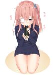  1girl black_sweater blue_scrunchie breasts dress eyepatch food hair_ornament hair_scrunchie kneeling long_hair makizushi nei_akutsu original os_(os_fresa) pink_hair purple_eyes ribbed_sweater scrunchie side_ponytail solo sushi sweater sweater_dress thighs twitter_username 