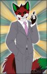  2023 anthro artist_logo artist_name black_ears black_pawpads black_sclera business_suit clothed clothing cosplay fur gesture gloves_(marking) green_eyes green_inner_ear green_tail_tip grey_clothing grey_suit grin grinning_at_viewer hand_in_pocket hi_res leg_markings logo looking_at_viewer male markings mob_psycho_100 necktie one_(manga) pawpads pockets purple_necktie raised_finger raised_index_finger red_body red_fur reigen_arataka shirt sidnithefox smile smug socks_(marking) solo suit topwear victor_johansen white_clothing white_shirt white_topwear 