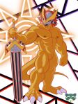  abs animal_genitalia anthro armor bandai_namco biceps claws cloaca digimon digimon_(species) genitals hair headgear helmet hi_res male melee_weapon muscular muscular_anthro muscular_male nipples nude orange_body pecs red_hair scalie slit solo sword tomoe225 victorygreymon weapon 