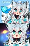  1girl ? ?? absurdres ahoge animal_ear_fluff animal_ears blank_stare blue_neckerchief blush braid detached_sleeves fang fox_ears fox_girl fox_tail galaxy green_eyes hair_between_eyes highres hololive hood hoodie long_hair looking_at_viewer meme nebula neckerchief open_mouth pentagram sakuramochi_(sakura_frappe) shirakami_fubuki side_braid sidelocks single_braid skin_fang smile solo space space_cat_(meme) star_(sky) tail twitter twitter_logo twitter_verified_checkmark universe virtual_youtuber white_hair white_hoodie wide-eyed 