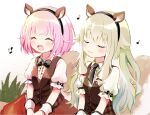  2girls animal_ears black_bow black_bowtie black_necktie bob_cut bow bowtie buttons closed_eyes closed_mouth collared_shirt commentary_request fake_animal_ears green_hair kusanagi_nene long_hair momomo_(m0_3) multiple_girls musical_note necktie ootori_emu open_mouth pink_hair project_sekai shirt short_hair short_sleeves upper_body vest 