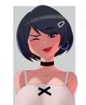  1girl absurdres black_choker black_eyes black_hair breasts camisole choker cleavage collarbone commentary earrings evie_(fortnite) fortnite hair_ornament hairclip highres hoop_earrings huge_breasts jewelry lipstick makeup open_mouth portrait postblue98 raised_eyebrow red_lips see-through see-through_cleavage short_hair smile solo symbol-only_commentary white_camisole 