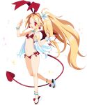  1girl anklet bikini blonde_hair bow bracelet demon_girl demon_tail demon_wings disgaea disgaea_rpg earrings fang flat_chest flonne flonne_(fallen_angel) flower frilled_bikini frills hair_flower hair_ornament heart heart-shaped_pupils heart_earrings high_ponytail highres jewelry long_hair long_tail lowleg lowleg_bikini nail_polish navel necklace non-web_source one_eye_closed open_mouth pointy_ears red_bikini red_eyes red_nails sandals shell_necklace solo sparkle swimsuit symbol-shaped_pupils tail toenail_polish toenails transparent_background very_long_hair wings 