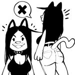  accessory anthro black_and_white bottomwear clothed clothing collar creator_ant denim denim_clothing domestic_cat duo felid feline felis female hair hi_res jeans long_hair looking_at_viewer mammal monochrome naiyah_(creator_ant) pants simple_background smile solo speech_bubble tail 