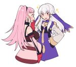  2girls bare_shoulders blush cropped_torso detached_sleeves do_m_kaeru dress earrings fire_emblem fire_emblem:_three_houses gloves hands_on_own_hips height_difference hilda_valentine_goneril hoop_earrings jewelry long_sleeves looking_at_another lysithea_von_ordelia multiple_girls open_mouth pink_eyes pink_hair purple_dress red_gloves simple_background smile twintails veil white_background white_hair white_sleeves wide_sleeves 