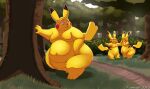  2015 anthro bodily_fluids crying female feral fur generation_1_pokemon grass group hi_res kazecat mammal nintendo obese obese_female obese_feral outside overweight overweight_anthro overweight_female overweight_feral pikachu plant pokemon pokemon_(species) rodent tears tree yellow_body yellow_fur 