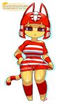  1girl absurdres alternate_costume alternate_hair_color animal_crossing animal_ears ankha_(animal_crossing) artist_name cat_ears cat_tail character_name dialogue_box dress english_text furry furry_female highres looking_at_viewer minuspal red_dress red_hair simple_background solo striped striped_dress tail tenga watermark white_background 