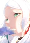  1girl blue_flower crying crying_with_eyes_open earrings elf flower frieren green_eyes jewelry long_hair pointy_ears rtomch solo sousou_no_frieren tears white_hair 