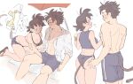  1boy 1girl absurdres bikini bikini_top_only blush breasts cleavage dragon_ball dragon_ball_z eda_(prsy3) food genderswap genderswap_(mtf) glasses hand_under_clothes highres hood hoodie ice_cream male_swimwear open_mouth short_hair short_shorts shorts sitting son_gohan son_goku spiked_hair sweat swim_trunks swimsuit tail translation_request umbrella 