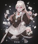  3girls alternate_costume apron aqua_eyes black_dress black_gloves black_thighhighs blue_hair blush breasts bridal_garter brooch character_name chibi closed_mouth commentary corrin_(female)_(fire_emblem) corrin_(fire_emblem) cosplay dress feather_trim felicia_(fire_emblem) fffera fire_emblem fire_emblem_fates flora_(fire_emblem) flora_(fire_emblem)_(cosplay) gloves grey_eyes grey_hair hair_between_eyes highres jewelry juliet_sleeves long_hair long_sleeves looking_at_viewer maid maid_headdress medium_breasts multiple_girls one_eye_closed open_mouth pink_hair pointy_ears ponytail puffy_sleeves red_eyes smile thighhighs twintails waist_apron 