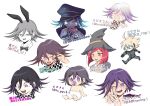  1girl 2boys :d aged_down ahoge animal_ears baby black_hair black_headwear blonde_hair blush_stickers body_writing bow bowtie checkered_clothes checkered_scarf commentary_request crying d: danganronpa_(series) danganronpa_v3:_killing_harmony fake_animal_ears flipped_hair gem_hair_ornament green_headwear hair_between_eyes hat highres k1-b0 multiple_boys oma_kokichi peaked_cap power_armor purple_hair rabbit_ears red_hair scarf shachoo_(poco_poco) short_hair shorts simple_background smile sweat tears white_background yumeno_himiko 