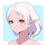  1girl closed_mouth elf highres light_blush muotty1019 mushoku_tensei pointy_ears red_eyes short_hair solo sylphiette_(mushoku_tensei) topless upper_body white_hair 