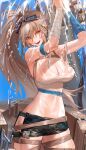  1girl alchemy_stars armband bandages belt blonde_hair blue_background breasts brown_eyes character_request cleavage contrapposto goggles highres hip_vent long_hair midriff see-through see-through_shirt shorts side_ponytail simple_background skindentation smile solo water wet zonotaida 