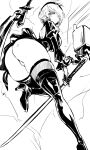  1girl 2b_(nier:automata) absurdres ass back_cutout boots breasts closed_mouth clothing_cutout commentary cws1122uu dress expressionless floating floating_object gloves hair_over_one_eye hairband high_heel_boots high_heels highres holding holding_sword holding_weapon leg_up long_sleeves looking_at_viewer looking_back medium_breasts monochrome nier:automata nier_(series) pod_(nier:automata) puffy_sleeves robot short_dress short_hair simple_background sword thigh_boots thighs weapon 