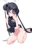  1girl black_dress black_footwear black_gloves black_hair blue_archive breasts china_dress chinese_clothes double_bun dress gloves grey_eyes hair_bun halo highres kisaki_(blue_archive) looking_at_viewer no_panties sitting small_breasts solo twintails yoshida_pino 