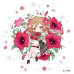  1girl animal_on_head ankle_boots bear_hair_ornament black_footwear blush boots bouquet brown_eyes brown_hair chibi dress floral_background floral_print flower full_body hair_flower hair_ornament horiizumi_inko lace-trimmed_dress lace_trim looking_at_viewer meiko_(vocaloid) on_head petunia_(flower) rabbit rabbit_on_head rabbit_yukine red_flower short_dress short_hair smile snowflake_background snowflake_hair_ornament solo_focus tassel tassel_hair_ornament toeless_footwear vocaloid white_background white_dress yuki_meiko 
