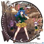  3girls alternate_costume beret blue_hair brown_footwear closed_mouth collared_shirt commentary copyright_name crescent_moon earclip english_commentary full_body game_cg green_jacket gun hat holding holding_gun holding_shovel holding_weapon jacket long_hair looking_at_viewer low_twintails lunatic_gun medium_hair moon multiple_girls necktie pink_hair pleated_skirt purple_hair rabbit_tail red_eyes red_necktie rotte_(1109) seiran_(touhou) seiran_(touhou)_(eagle_ravi_special_forces) shirt short_hair shovel skirt socks solo_focus standing star_(symbol) tail third-party_source touhou touhou_lost_word twintails weapon wheelbarrow white_shirt white_socks yellow_skirt 