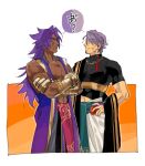  2boys bare_pectorals bhima_(fate) black_shirt cowboy_shot cropped_shirt crossed_arms dark-skinned_male dark_skin duryodhana_(fate) earrings facial_hair fate/grand_order fate_(series) gauntlets goatee goatee_stubble hand_on_own_hip indian_clothes jewelry long_hair looking_at_another male_focus mature_male multiple_boys muscular muscular_male necklace orange_background pectorals profile punappu purple_eyes purple_hair purple_vest sash shirt short_hair shoulder_sash single_earring speech_bubble translation_request two-tone_background vest white_background 