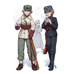  3girls absurdres boots cup finland finnish_clothes gun hat highres holding holding_cup lotta_svaerd military multiple_girls original ostwindprojekt peaked_cap rifle socks sweden swedish_uniform united_states weapon winter winter_clothes world_war_ii 