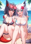  2girls :d ahoge animal_ear_fluff animal_ears arm_around_shoulder beach bikini black_bikini blue_eyes blue_sky blush braid breasts day deaver ear_piercing fang flower fox_ears fox_girl fox_shadow_puppet fox_tail front-tie_top hair_between_eyes hair_flower hair_ornament heart heart-shaped_pupils highres hololive kurokami_fubuki large_breasts long_hair looking_at_viewer multiple_girls open_mouth outdoors palm_leaf piercing red_eyes red_flower sand shirakami_fubuki sitting skin_fang sky smile sparkle swimsuit symbol-shaped_pupils tail thigh_strap thighs very_long_hair virtual_youtuber water white_bikini 