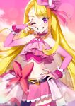  1girl belt_bow blonde_hair brooch cloud cloudy_sky cure_butterfly earrings gloves highres hijiri_ageha hirogaru_sky!_precure jewelry long_hair looking_at_viewer magical_girl midriff one_eye_closed outdoors pink_background pink_headwear pink_skirt pink_sky precure purple_eyes single_leg_pantyhose skirt sky smile solo v very_long_hair wing_brooch yukinko_(yukiwork) 