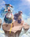  2girls absurdres barefoot blue_eyes blue_hair blue_skirt boots bow breasts cloud day dobostorte floating_rock food fruit full_body grey_hoodie hair_bow hand_up hat highres hinanawi_tenshi holding holding_sword holding_weapon hood hoodie long_hair looking_at_viewer multiple_girls outdoors peach rainbow_order red_eyes shirt sitting skirt small_breasts standing sword sword_of_hisou touhou very_long_hair weapon white_shirt yorigami_shion 