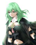  1girl black_cape black_shirt breasts byleth_(female)_(fire_emblem) byleth_(fire_emblem) cape clothing_cutout commentary_request fire_emblem fire_emblem:_three_houses green_eyes green_hair highres kakiko210 long_hair medium_breasts navel navel_cutout shirt shoulder_pads simple_background solo upper_body white_background 