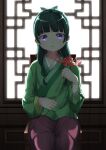  1girl absurdres arm_wrap backlighting black_hair bow chair flower freckles frown green_kimono hair_bow highres holding holding_flower indoors japanese_clothes kimono kusuriya_no_hitorigoto long_hair looking_at_viewer maomao_(kusuriya_no_hitorigoto) purple_eyes purple_skirt schuschuschultz sitting skirt spider_lily window 