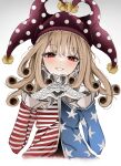  1girl absurdres american_flag_dress blonde_hair clownpiece commentary cosplay dress funny_valentine funny_valentine_(cosplay) hat highres jester_cap jojo_no_kimyou_na_bouken long_hair long_sleeves looking_at_viewer neck_ruff open_mouth ougiikun polka_dot polka_dot_headwear red_eyes red_headwear simple_background smile solo star_(symbol) star_print steel_ball_run striped striped_dress touhou upper_body white_background 