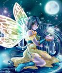  1girl arm_cuffs black_hair blue_footwear boots brown_eyes copyright_request dress fairy fairy_wings gold_trim kathy100 kneeling long_hair moon night night_sky non-web_source pointy_ears sky wings yellow_dress 