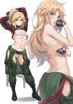  1girl arms_up belly_chain bikini black_gloves blonde_hair blush boots braid breasts cropped_jacket eyepatch_bikini fate/apocrypha fate_(series) fingerless_gloves french_braid full_body gloves green_eyes green_pants hair_ornament hair_scrunchie highres jewelry long_hair long_sleeves looking_at_viewer mordred_(fate) mordred_(fate/apocrypha) multiple_views navel pants parted_bangs ponytail red_scrunchie scrunchie shrug_(clothing) sidelocks small_breasts smile swimsuit tonee topless variant_set white_bikini 