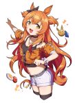  1-4daithi 1girl absurdres anime_coloring belt blush breasts casual cleavage collarbone hair_between_eyes hair_ornament highres horse_girl jewelry looking_at_viewer mayano_top_gun_(umamusume) necklace open_mouth orange_eyes orange_hair pointing shorts small_breasts solo umamusume 