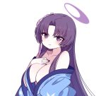  1girl blue_archive blush breasts chan_co cleavage closed_mouth collarbone eyeshadow fingernails halo haori japanese_clothes large_breasts long_hair looking_at_viewer makeup nail_polish purple_eyes purple_hair purple_halo purple_nails red_eyeshadow simple_background smile solo upper_body white_background yukari_(blue_archive) 