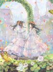  2girls arch arms_at_sides artist_request black_hair blue_eyes brown_eyes bug building butterfly character_request cityscape claris_(group) clover day dress falling_petals floral_arch flower four-leaf_clover frilled_dress frills full_body grass hair_flower hair_ornament high_ponytail highres holding_hands long_dress long_hair long_sleeves multiple_girls petals profile wedding_dress white_dress 