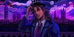  1boy cloud cloudy_sky elizabeth_tower full_moon hat highres jojo_no_kimyou_na_bouken london long_hair moon mrg_dm necktie night night_sky phantom_blood purple_theme robert_e._o._speedwagon scar scar_on_face sky solo star_(sky) starry_sky top_hat 