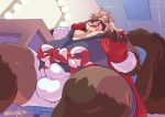  anthro belly brown_body brown_fur bulge canid canine fur goemon_(tas) hair hi_res japanese_text lifewonders long_ears low-angle_view male mammal mangolynx overweight pecs ponytail raccoon_dog solo tanuki text tokyo_afterschool_summoners 