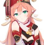  1girl absurdres antlers breasts cleavage closed_mouth coin detached_sleeves genshin_impact green_eyes hair_between_eyes highres holed_coin light_blush looking_at_viewer pink_hair red_headwear simple_background small_breasts solo upper_body white_background yanfei_(genshin_impact) zapik 
