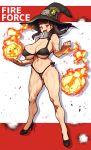  1girl abs absurdres bare_shoulders biceps bikini black_bikini black_headwear blush breasts brown_hair cleavage collar en&#039;en_no_shouboutai fireball full_body hat high_heels highres koohiitei_shinbo large_breasts long_hair looking_at_viewer maki_oze metal_collar muscular muscular_female navel open_mouth ponytail purple_eyes sidelocks smile solo swimsuit thick_thighs thighs witch_hat 